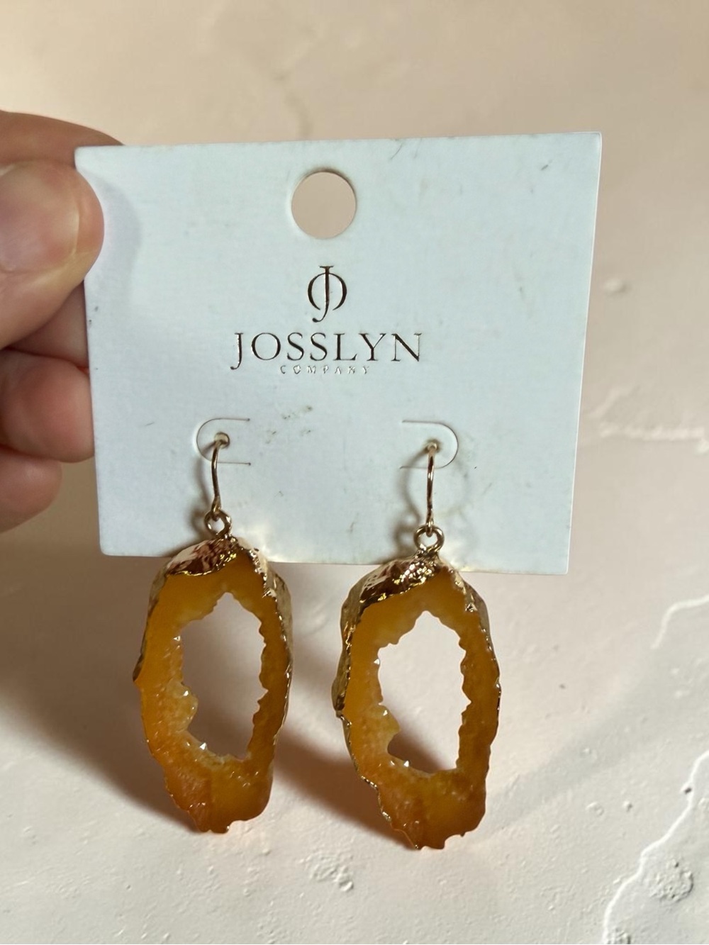 Amber Agate Slice Drop Earrings with Gold Trim